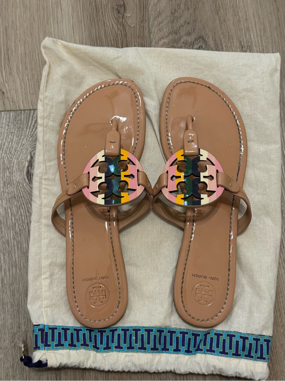 Tory Burch Miller Tan Patent Leather Sandals with Multicolor Logo Medallions